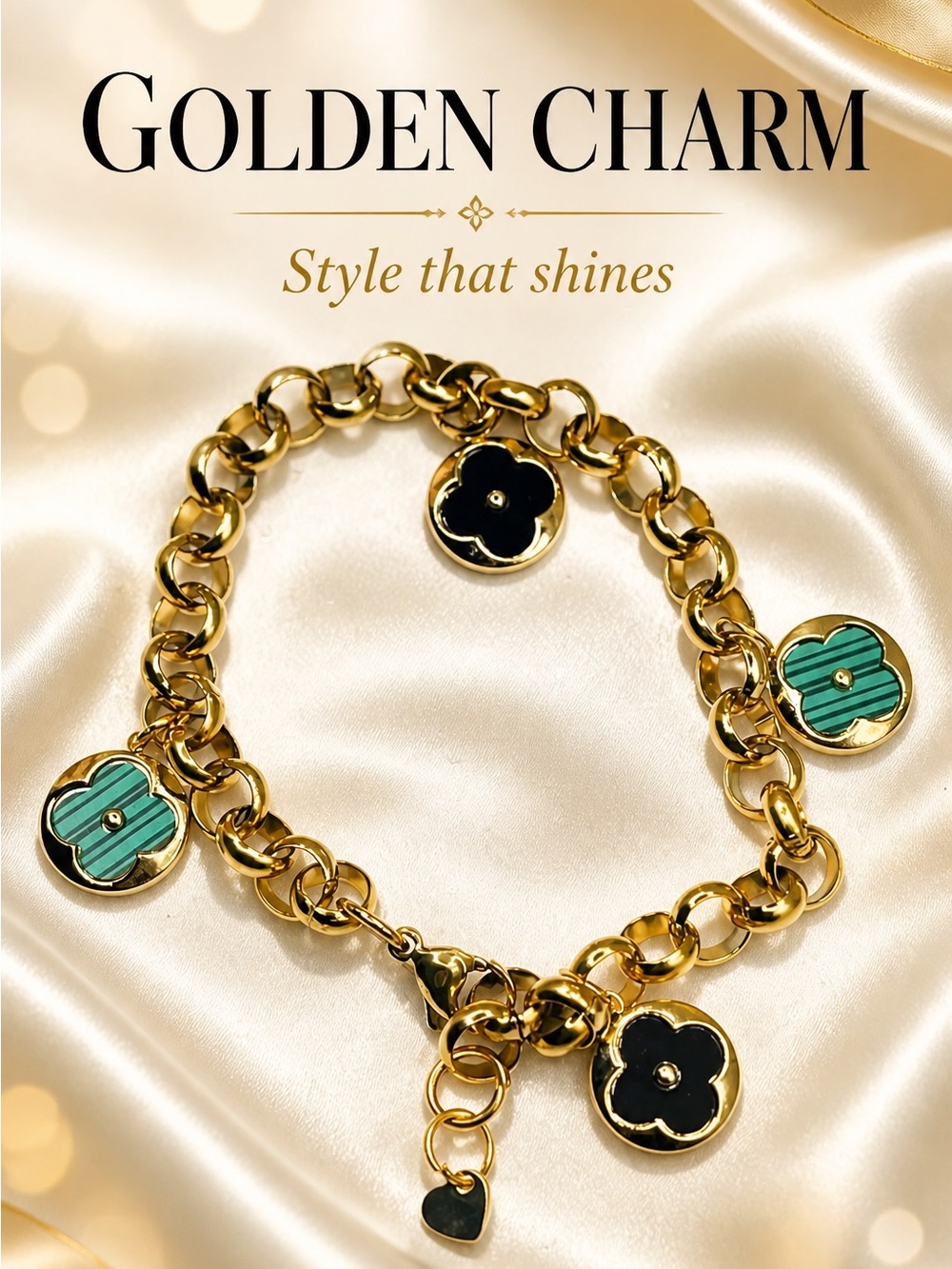 Gold stainless steel Chain Charm Bracelet with Black and Teal Flower Charms